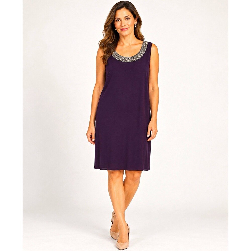 R&M Richards Purple Solid Shift Knee Dress Scoop Neck Sleeveless Women’s 14